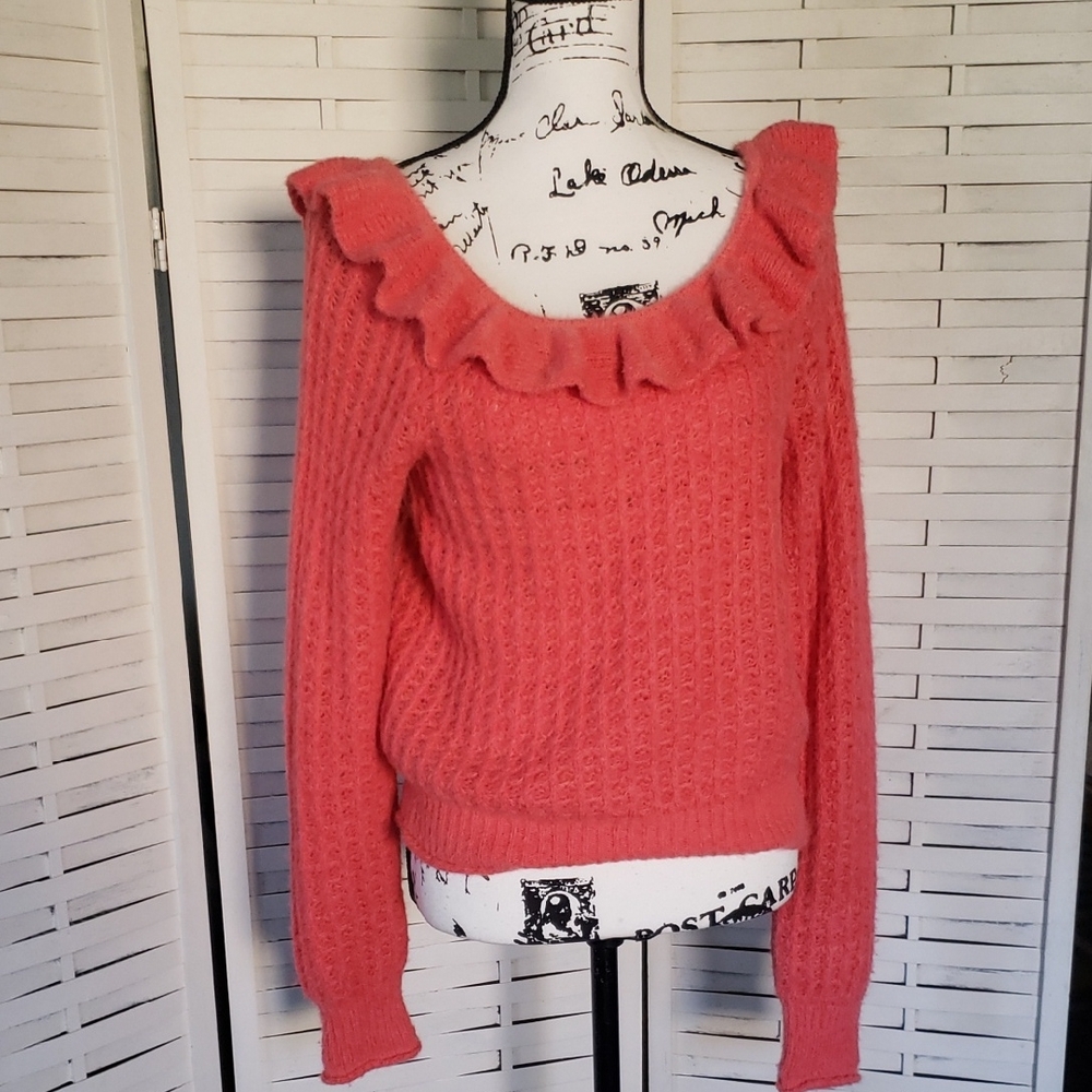 Anthropologie Ruffled Neck Pink Lobter Sweater Size  M